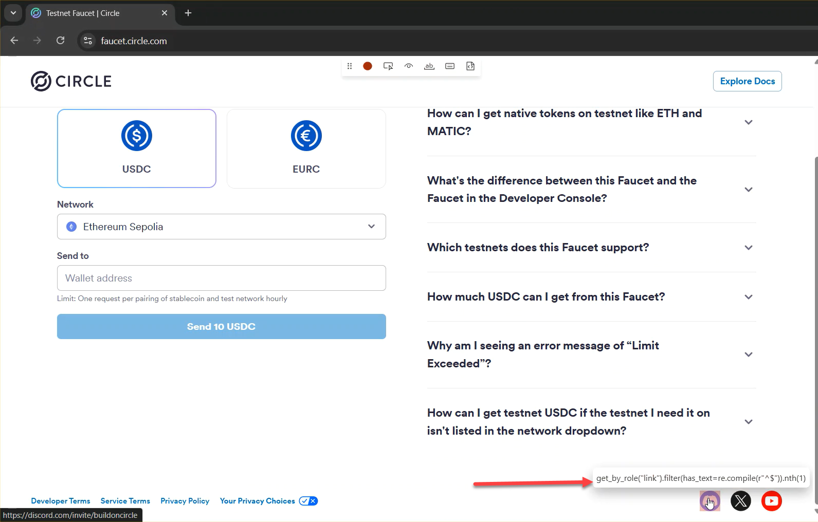 Discord icon link on faucet.circle.com