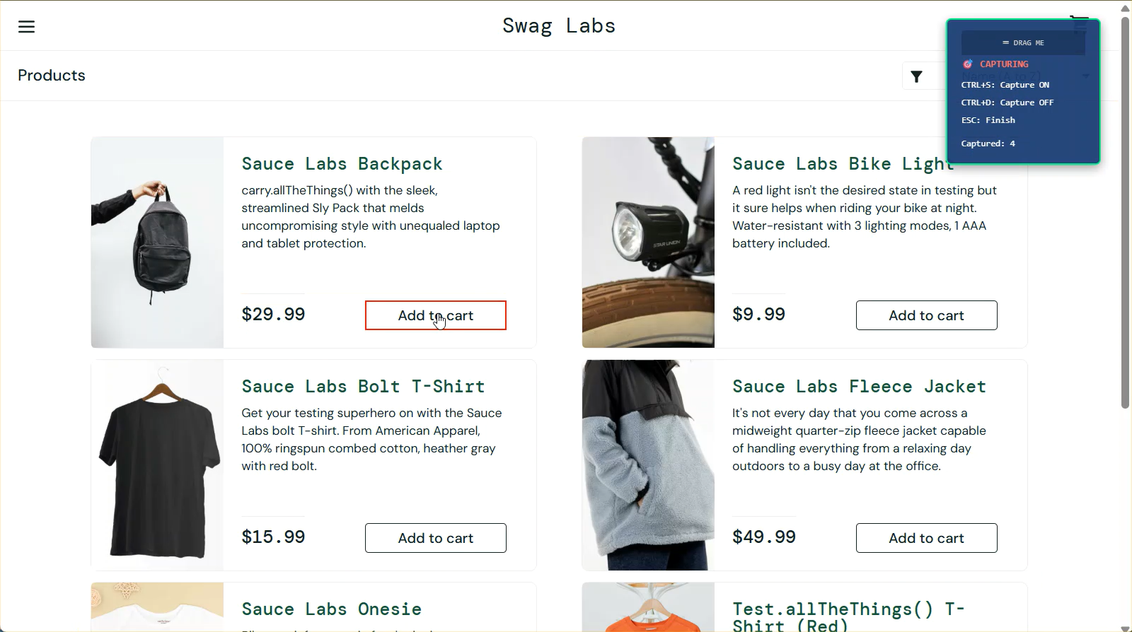 Products page with capture mode showing 4 captured elements