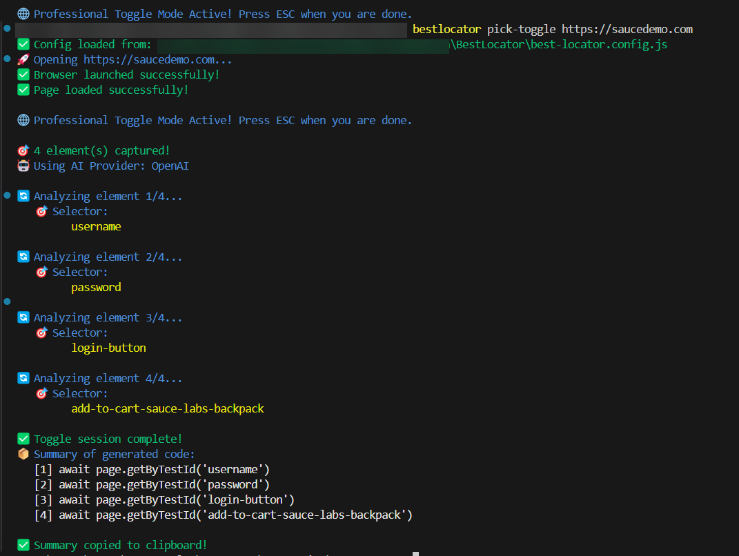 Terminal showing final results with all 4 selectors